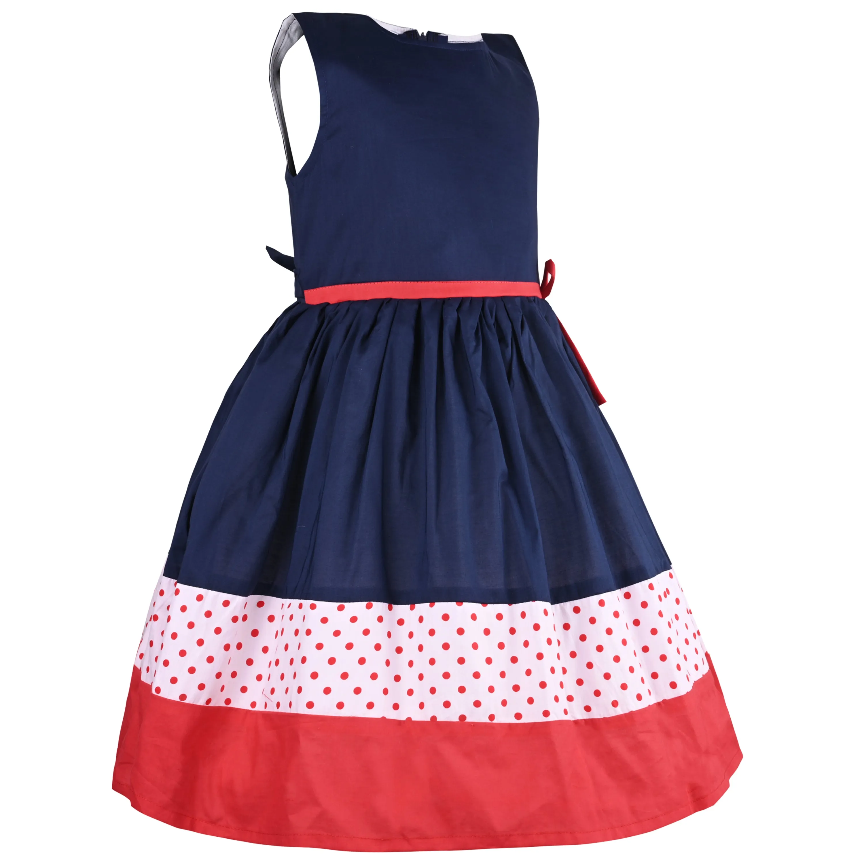 Baby Girls Dark Blue Bodice Dress/Red Ribbon Waist