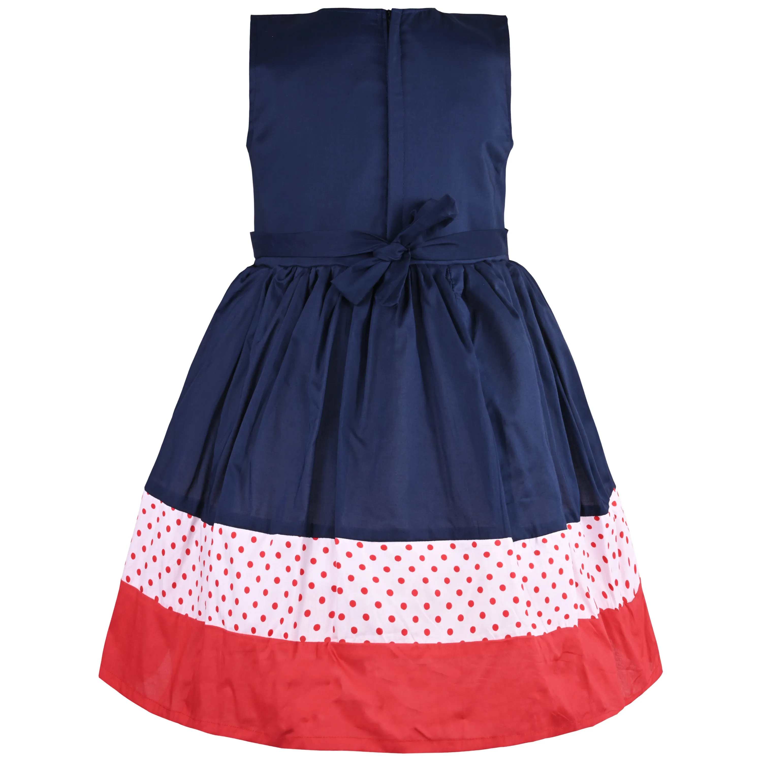 Baby Girls Dark Blue Bodice Dress/Red Ribbon Waist