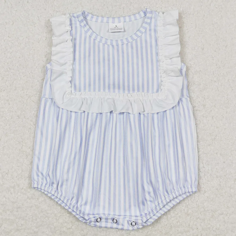 Baby Infant Girls Rompers Blue Stripes Ruffle Bib Rompers SR1363