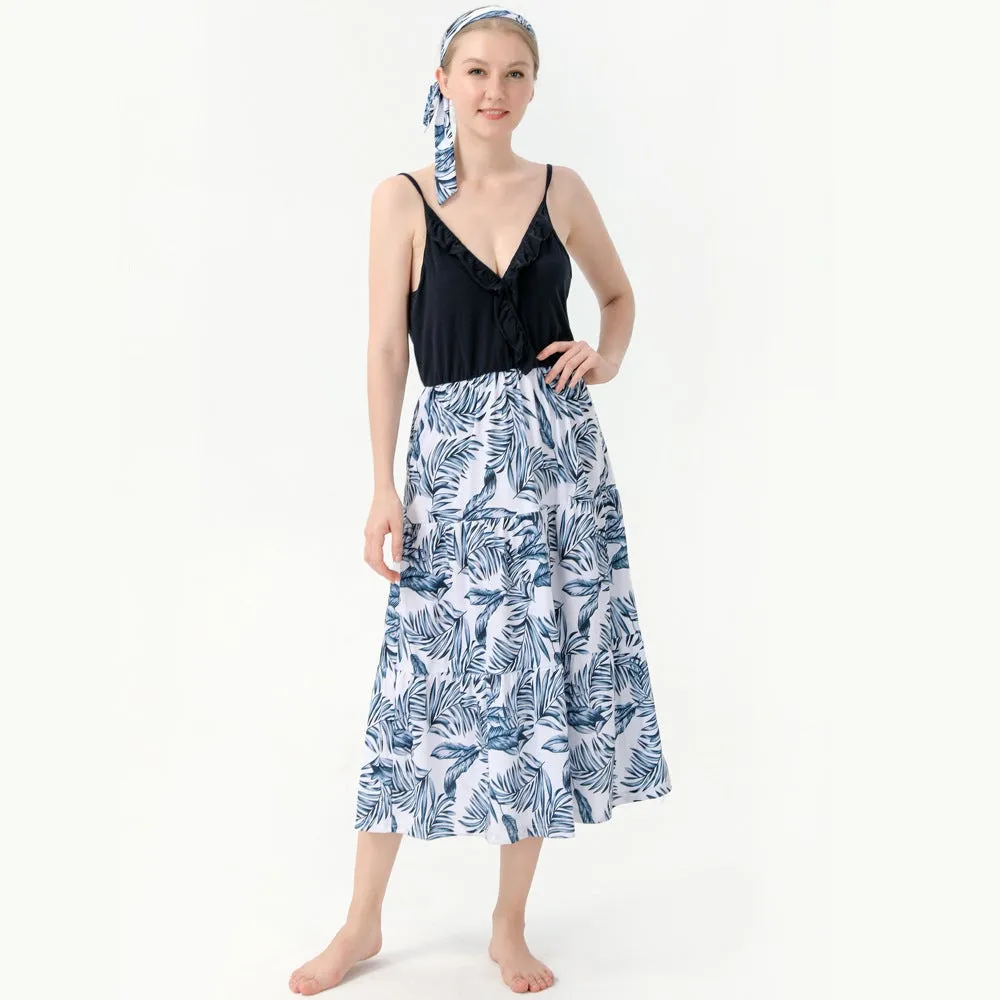 Family Matching Vacation Outfits Floral Print Stitching Navy Blue Sets