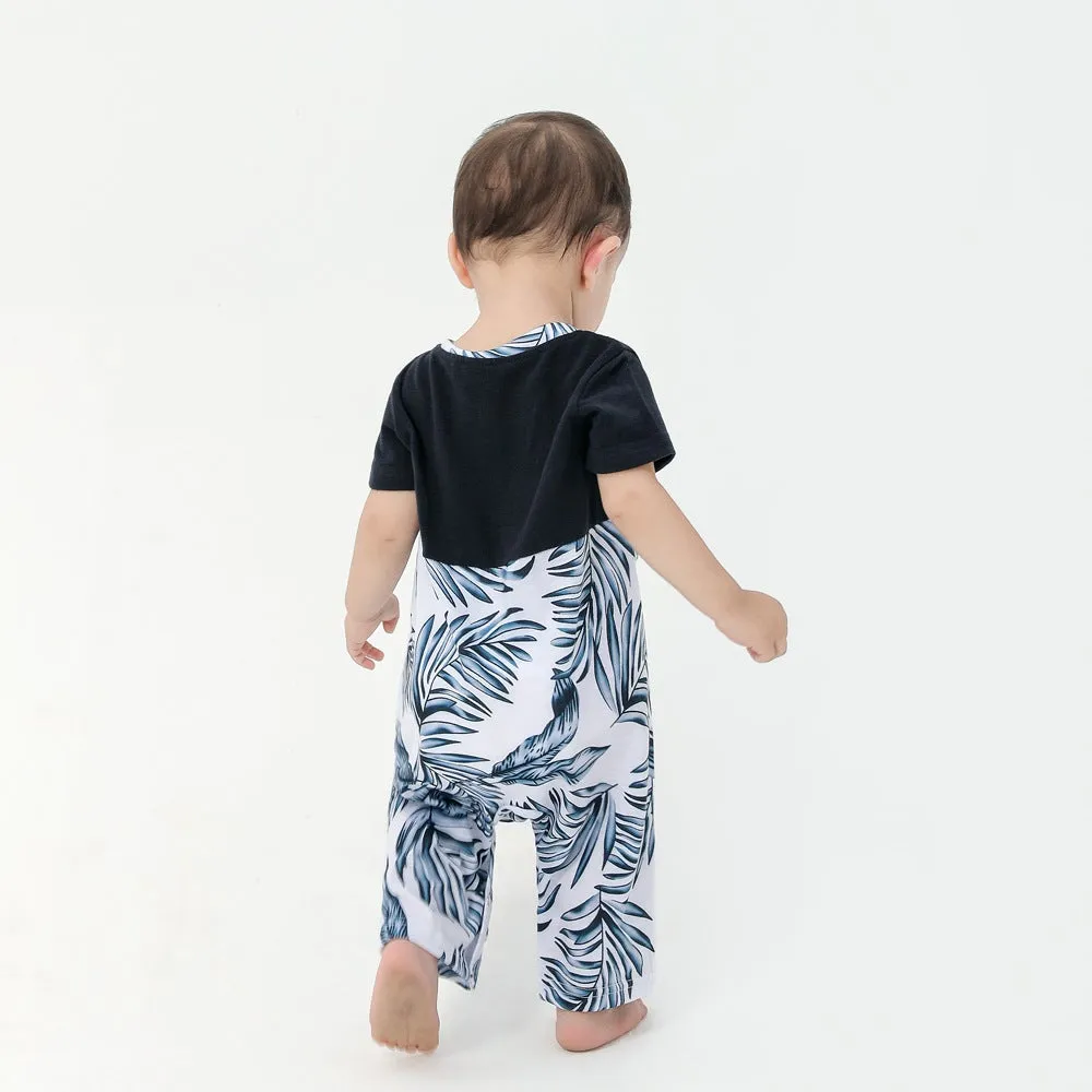 Family Matching Vacation Outfits Floral Print Stitching Navy Blue Sets