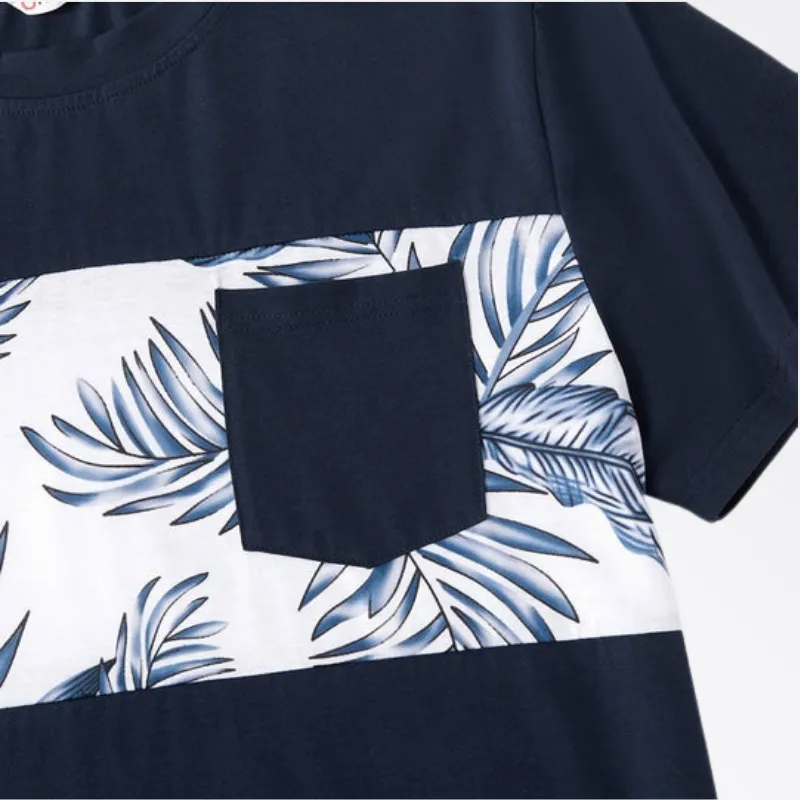 Family Matching Vacation Outfits Floral Print Stitching Navy Blue Sets