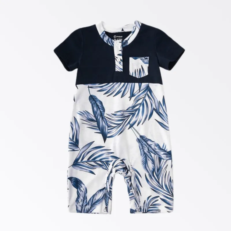Family Matching Vacation Outfits Floral Print Stitching Navy Blue Sets