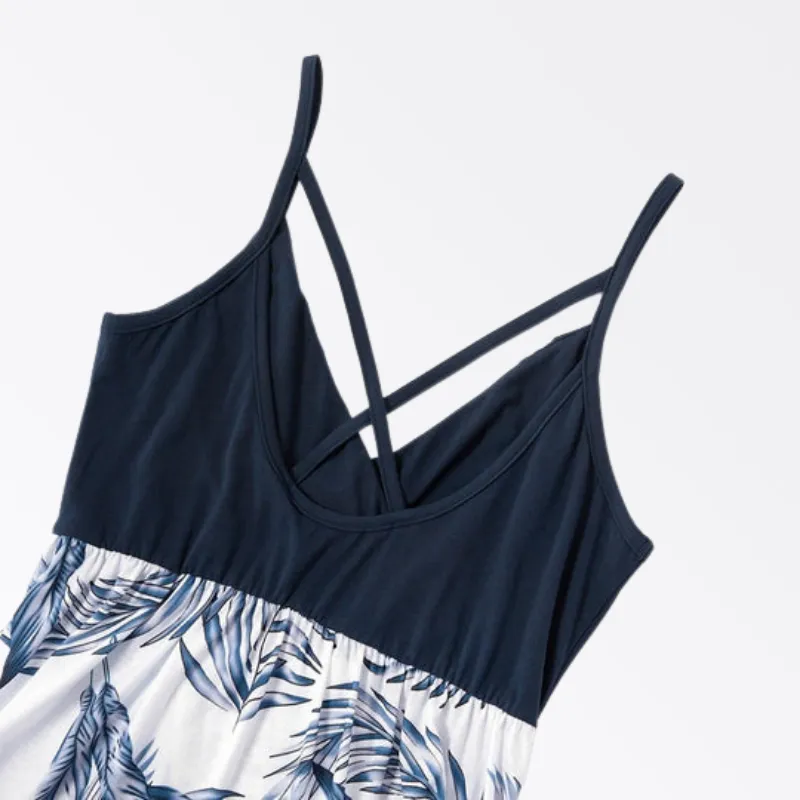 Family Matching Vacation Outfits Floral Print Stitching Navy Blue Sets