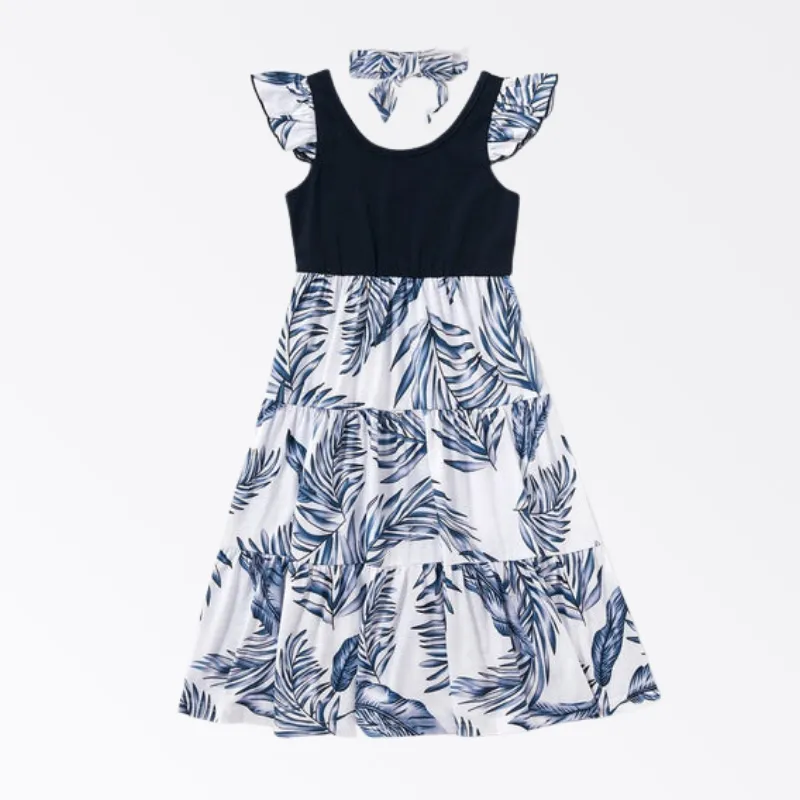 Family Matching Vacation Outfits Floral Print Stitching Navy Blue Sets