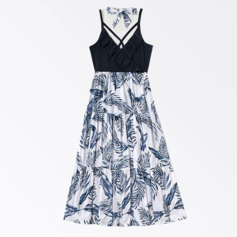 Family Matching Vacation Outfits Floral Print Stitching Navy Blue Sets