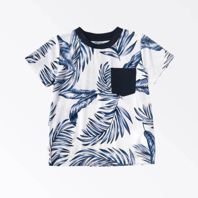 Family Matching Vacation Outfits Floral Print Stitching Navy Blue Sets