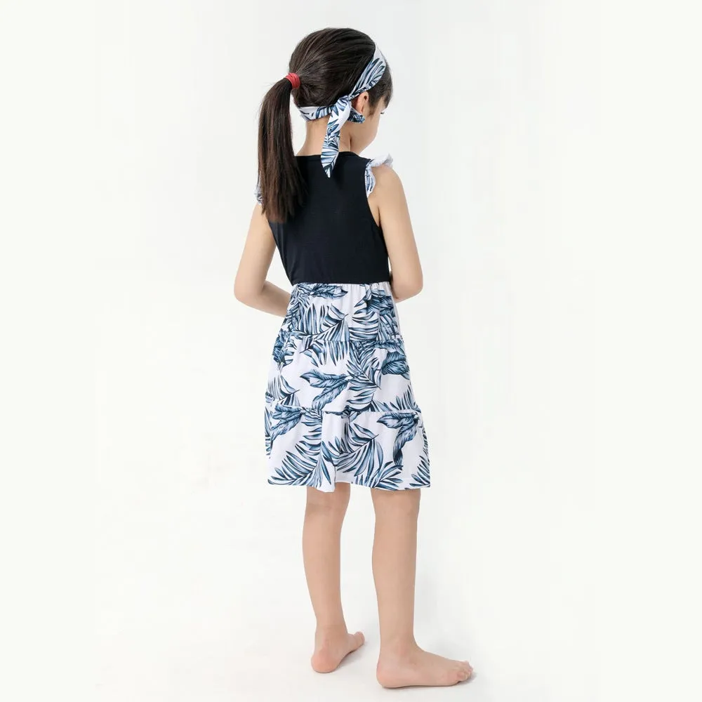 Family Matching Vacation Outfits Floral Print Stitching Navy Blue Sets