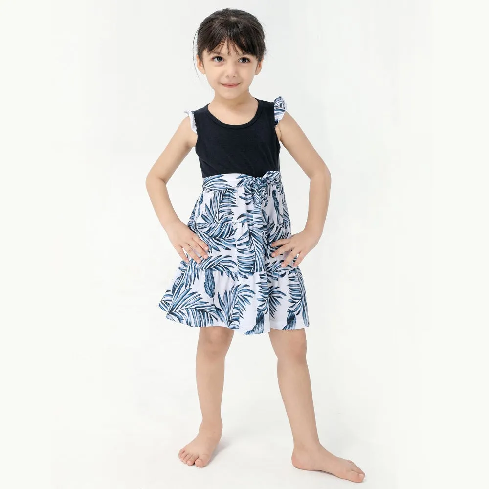 Family Matching Vacation Outfits Floral Print Stitching Navy Blue Sets