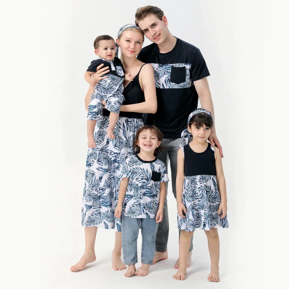 Family Matching Vacation Outfits Floral Print Stitching Navy Blue Sets