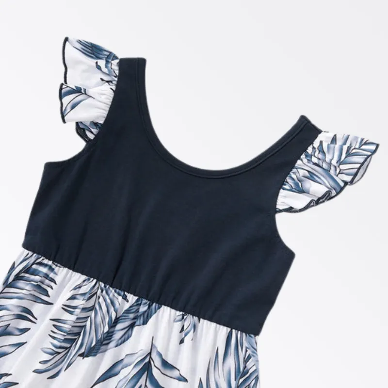 Family Matching Vacation Outfits Floral Print Stitching Navy Blue Sets