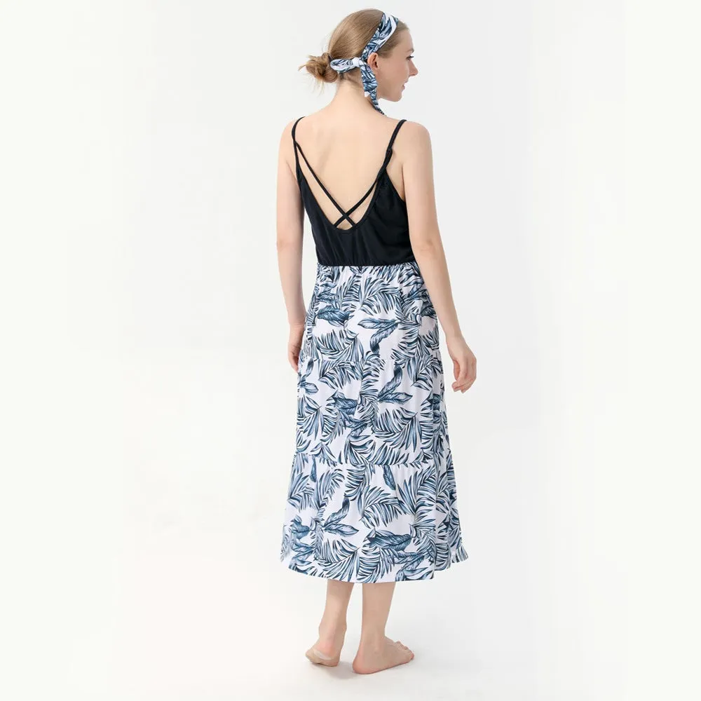 Family Matching Vacation Outfits Floral Print Stitching Navy Blue Sets