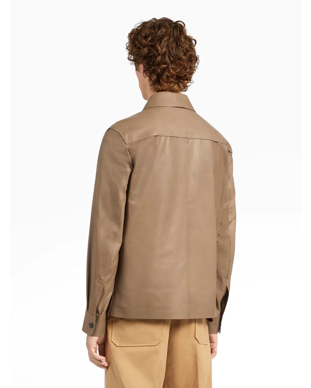Light Calfskin Nappa Leather Overshirt in Khaki
