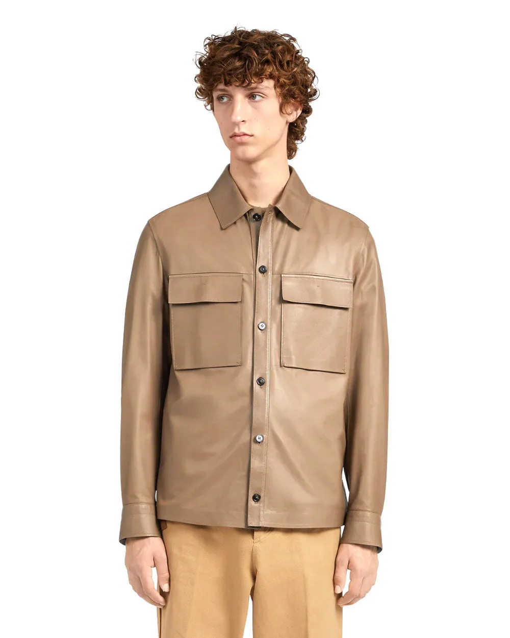 Light Calfskin Nappa Leather Overshirt in Khaki