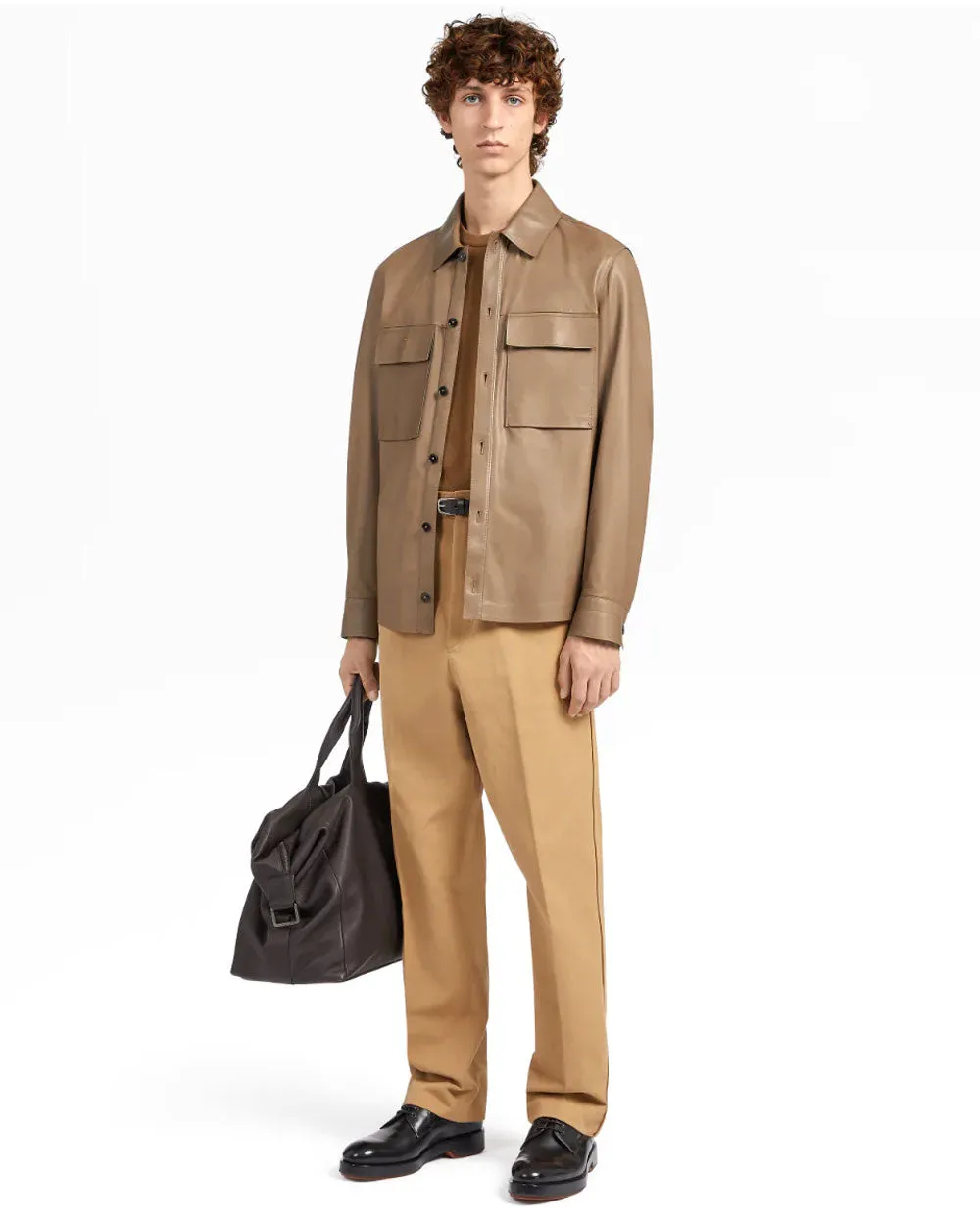 Light Calfskin Nappa Leather Overshirt in Khaki