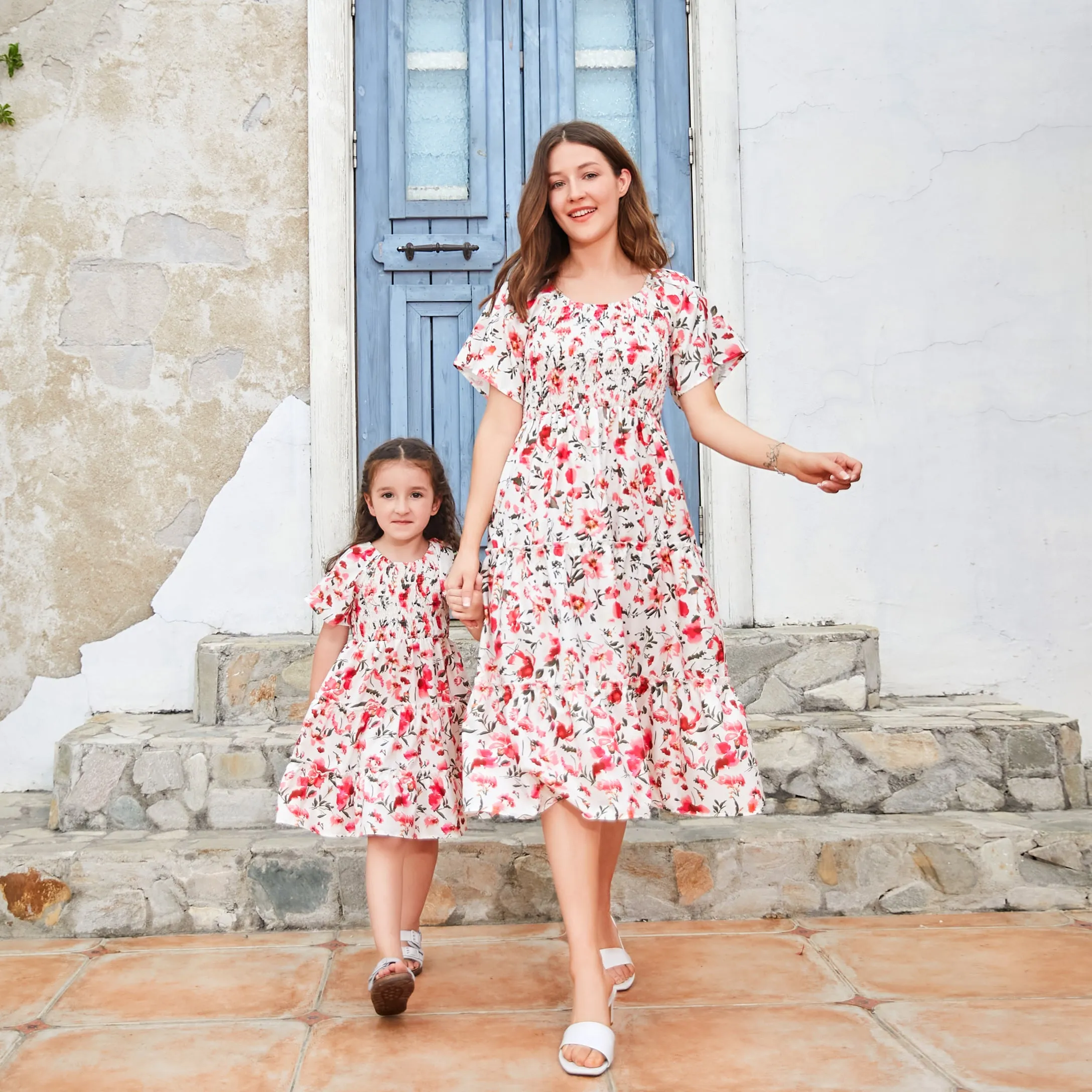 Mom & Me Ditsy Floral Flutter Sleeve Front Ruffle Hem Dress