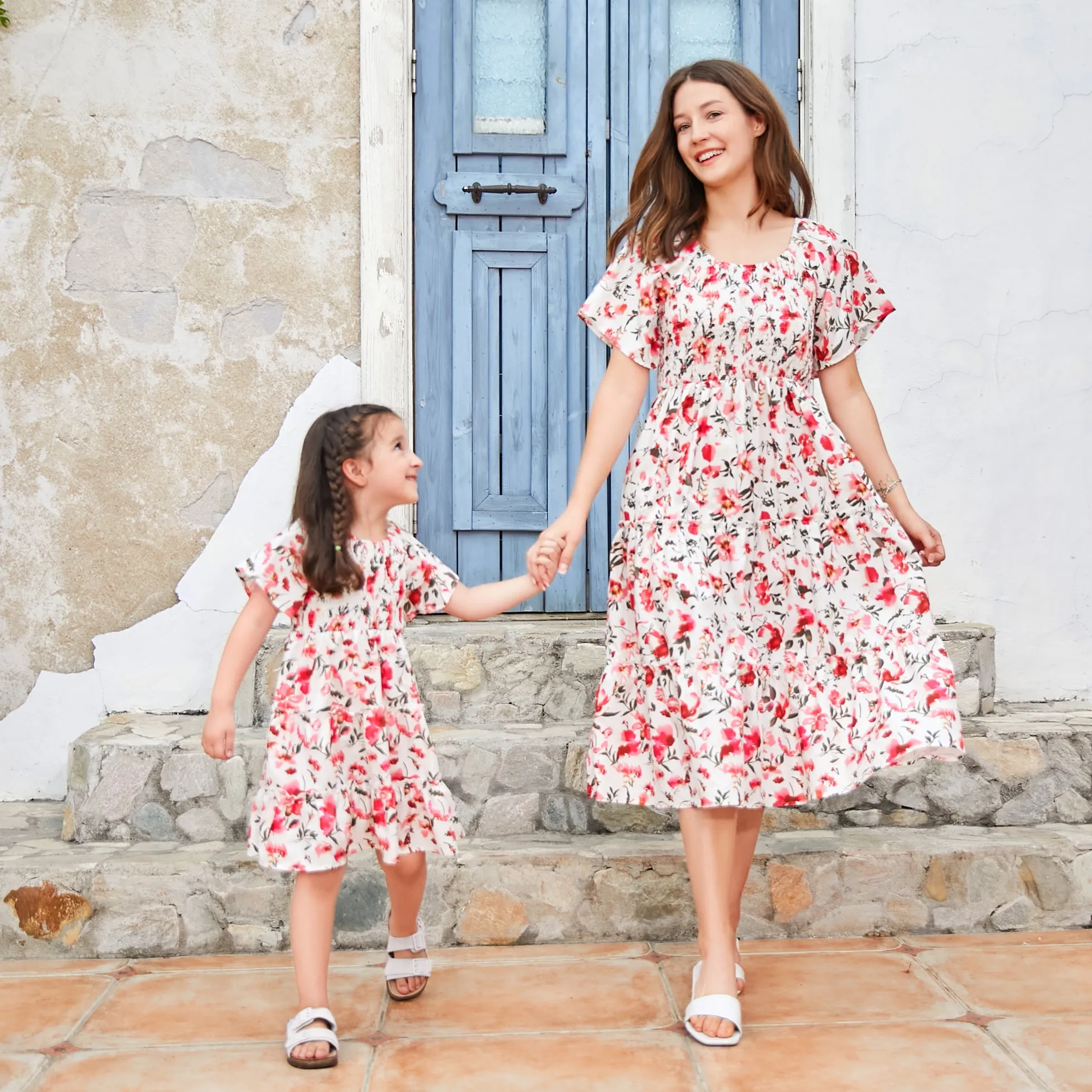 Mom & Me Ditsy Floral Flutter Sleeve Front Ruffle Hem Dress