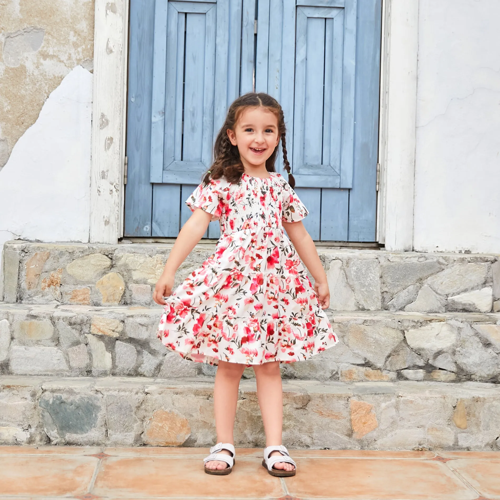 Mom & Me Ditsy Floral Flutter Sleeve Front Ruffle Hem Dress