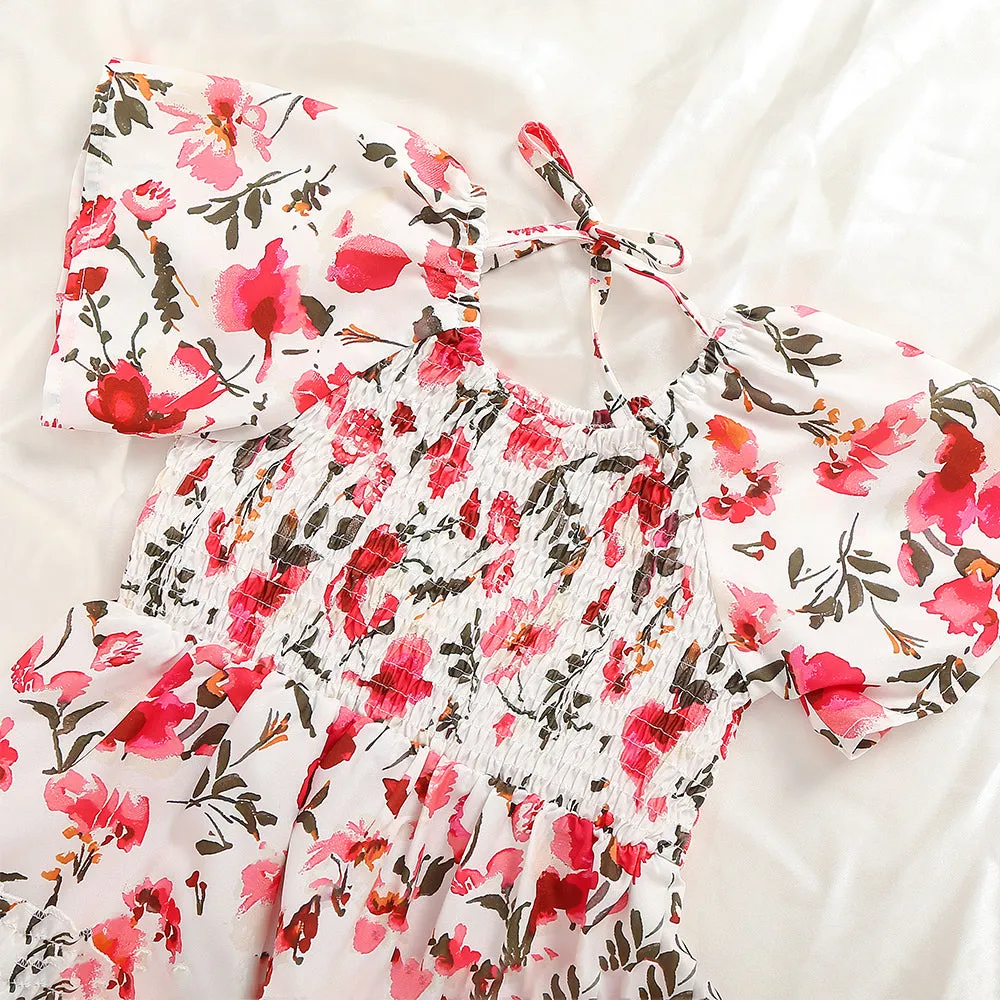 Mom & Me Ditsy Floral Flutter Sleeve Front Ruffle Hem Dress