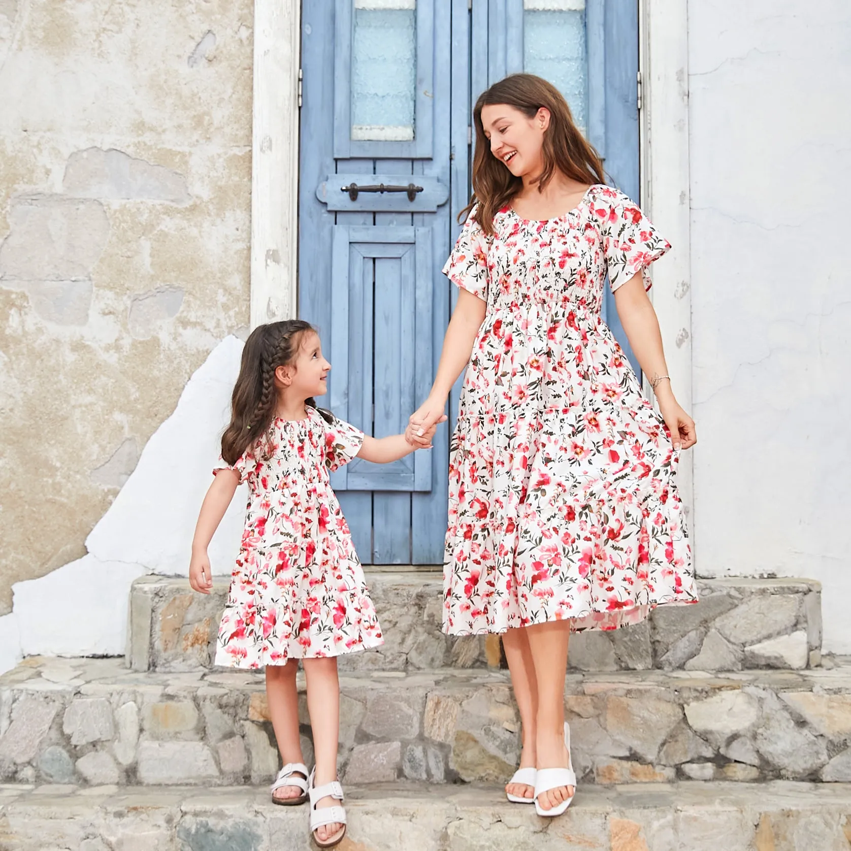 Mom & Me Ditsy Floral Flutter Sleeve Front Ruffle Hem Dress