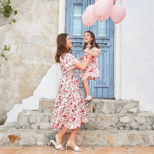 Mom & Me Ditsy Floral Flutter Sleeve Front Ruffle Hem Dress