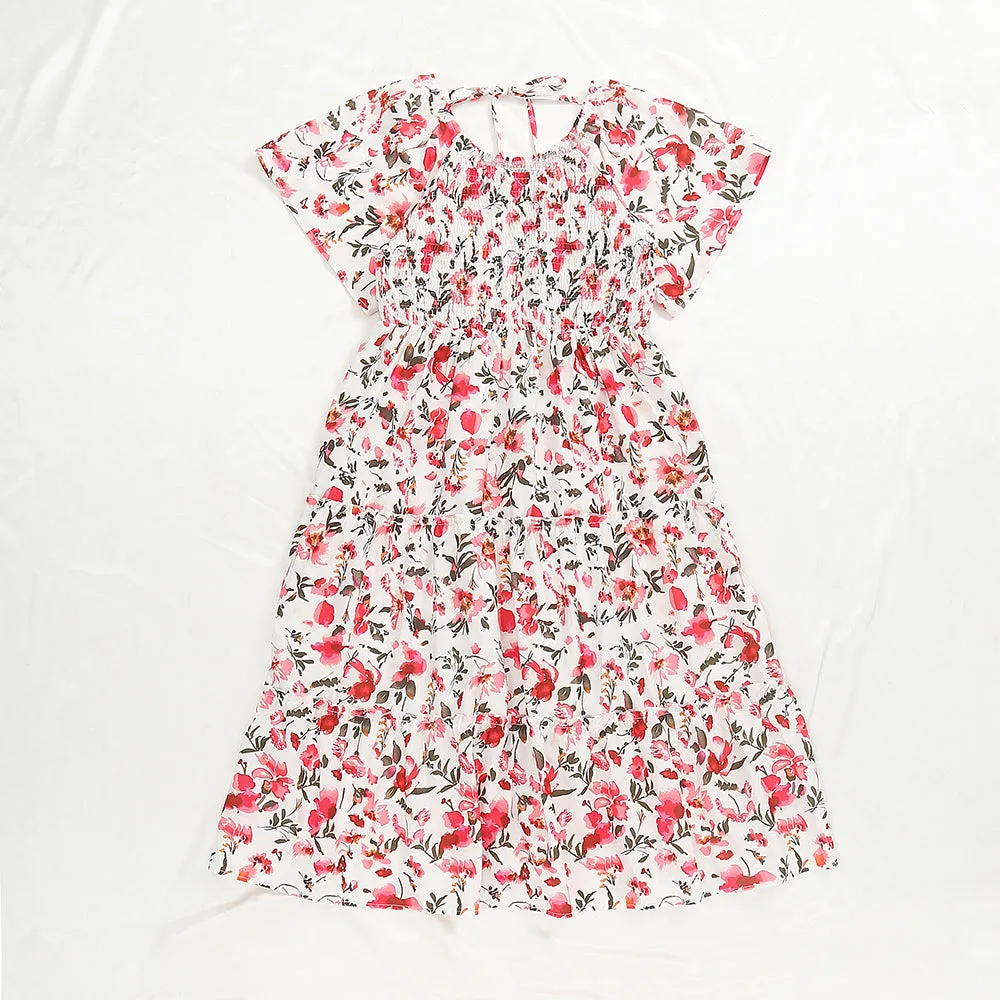 Mom & Me Ditsy Floral Flutter Sleeve Front Ruffle Hem Dress