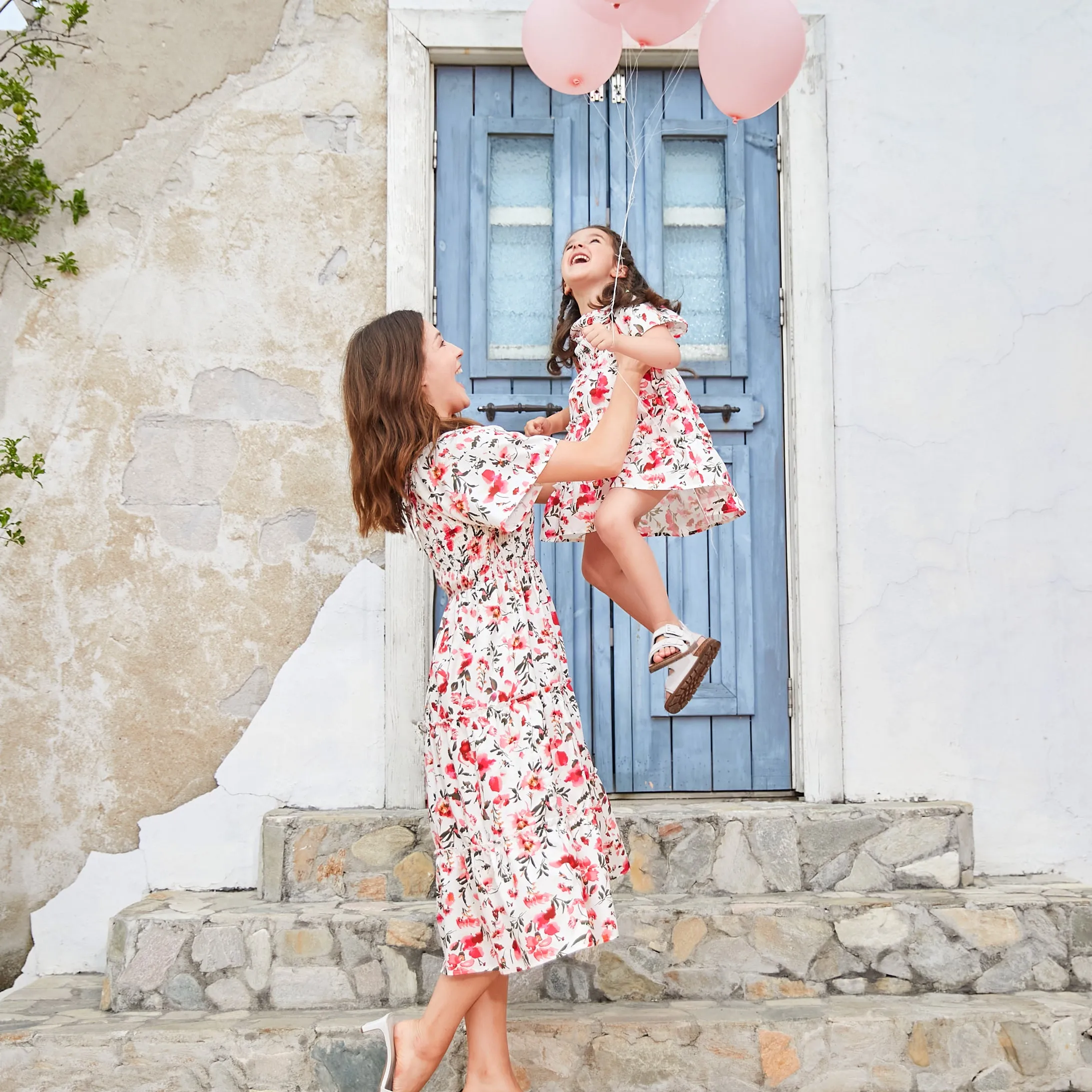 Mom & Me Ditsy Floral Flutter Sleeve Front Ruffle Hem Dress