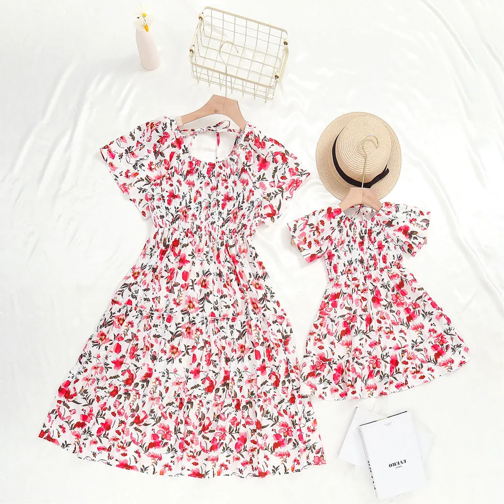 Mom & Me Ditsy Floral Flutter Sleeve Front Ruffle Hem Dress