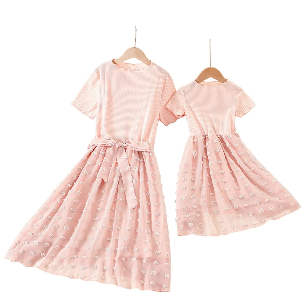 Mom & Me Short Sleeve Appliques Mesh Dress