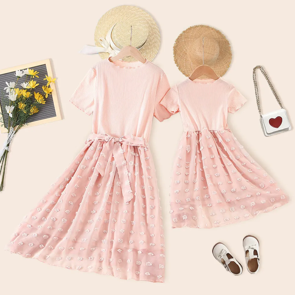 Mom & Me Short Sleeve Appliques Mesh Dress