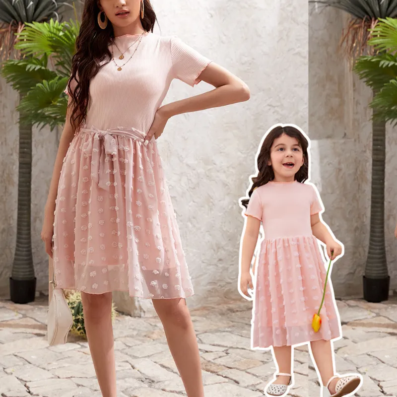 Mom & Me Short Sleeve Appliques Mesh Dress