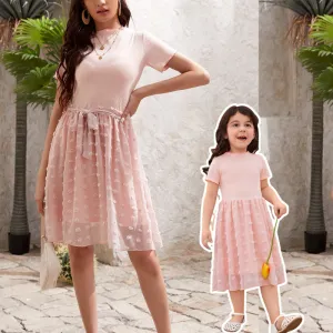 Mom & Me Short Sleeve Appliques Mesh Dress
