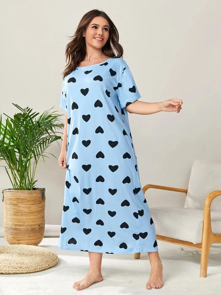 Plus Size Women's Cozy Blue Heart Print Sleep Dress