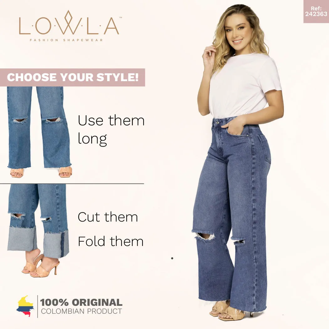 Women Distressed Denim High Rise Full Length Wide Leg Jeans Lowla 212395
