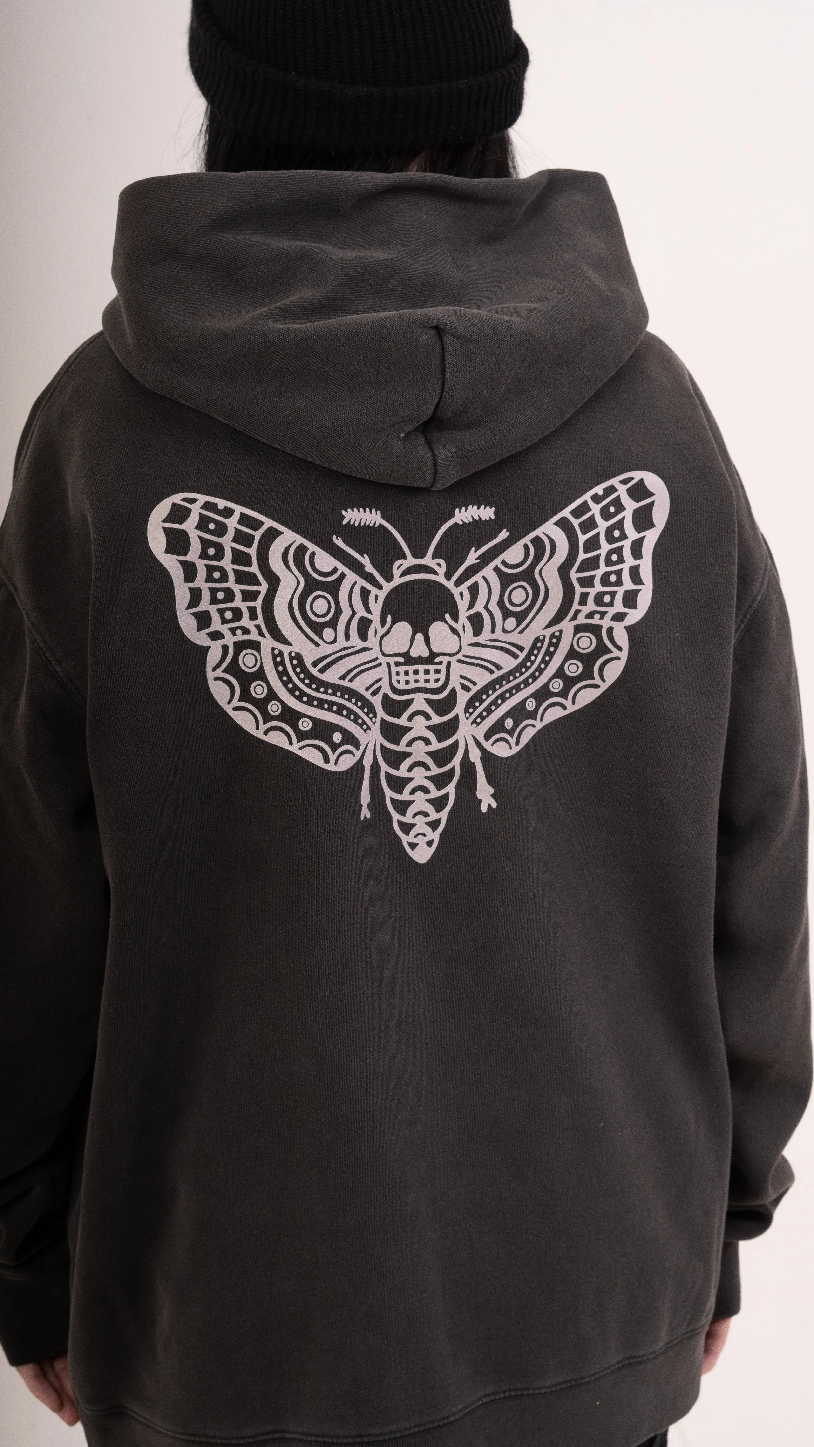 Zip Faded Death Moth Hoodie - Black