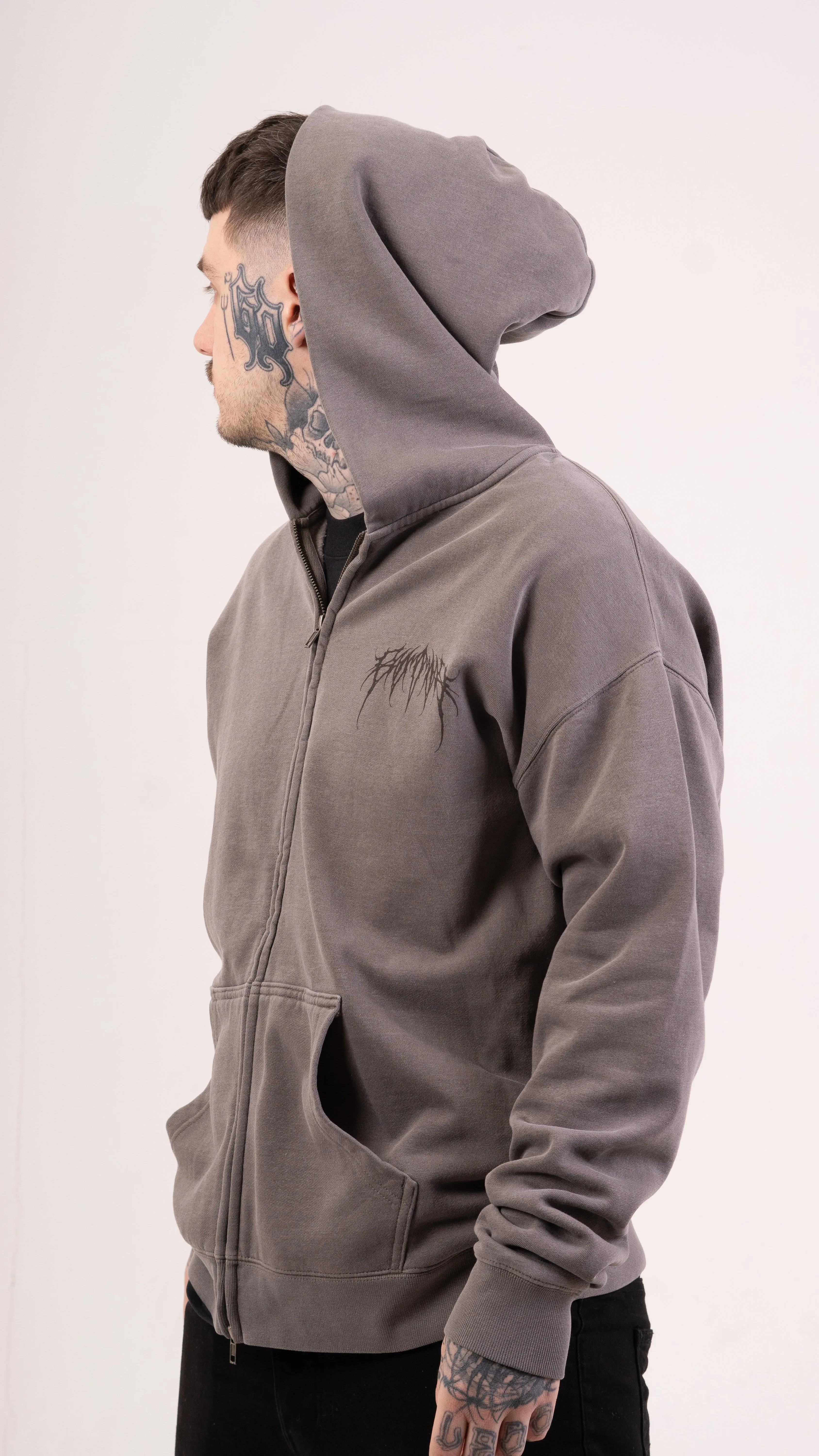 Zip Faded Metal Logo Hoodie - Grey