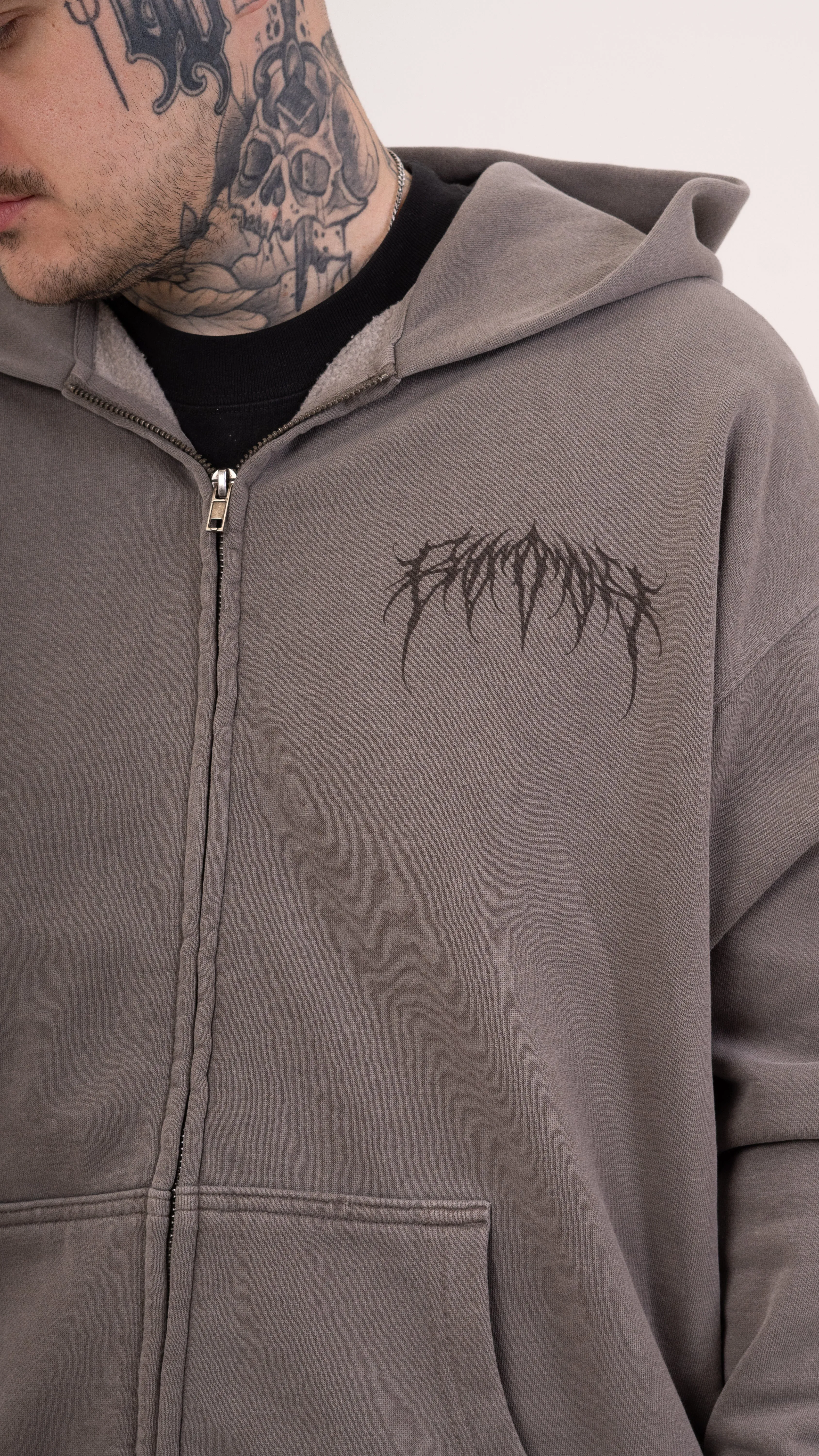 Zip Faded Metal Logo Hoodie - Grey